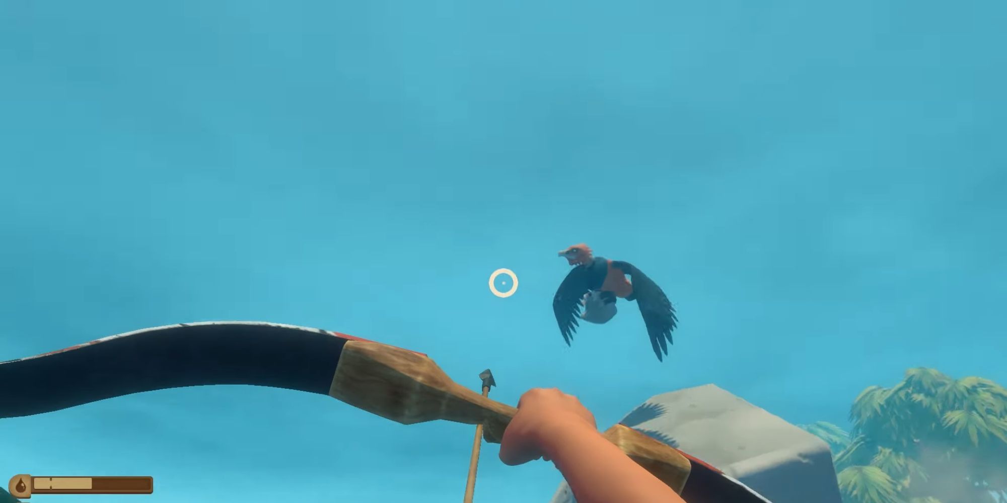 Player aims their bow and arrow at a Screecher that is flying with a rock in its talons