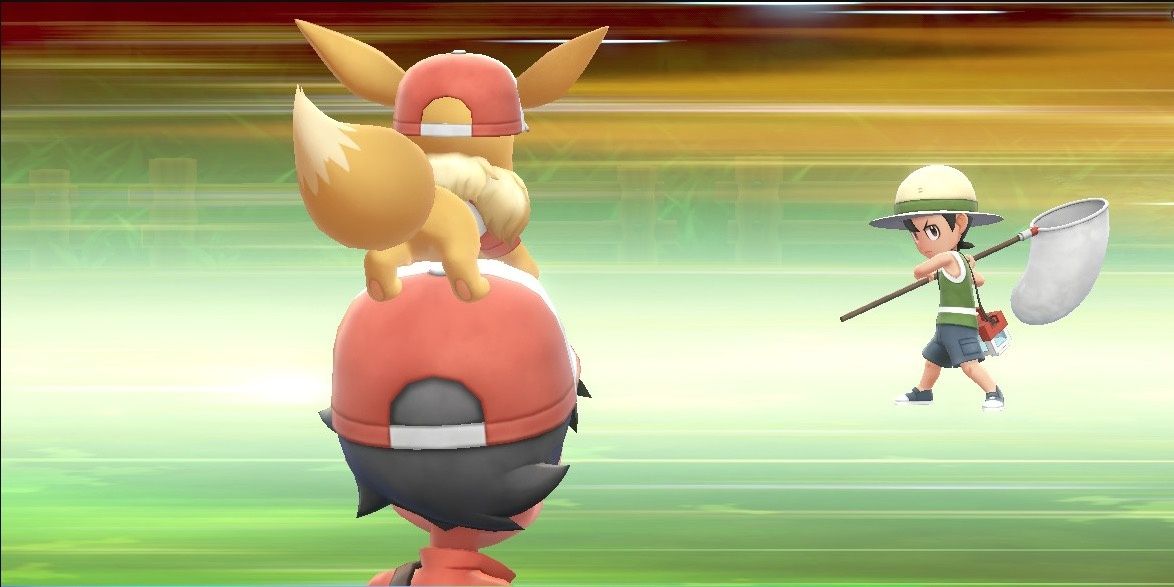 Main trainer with an Eevee on their head battling a bug catcher