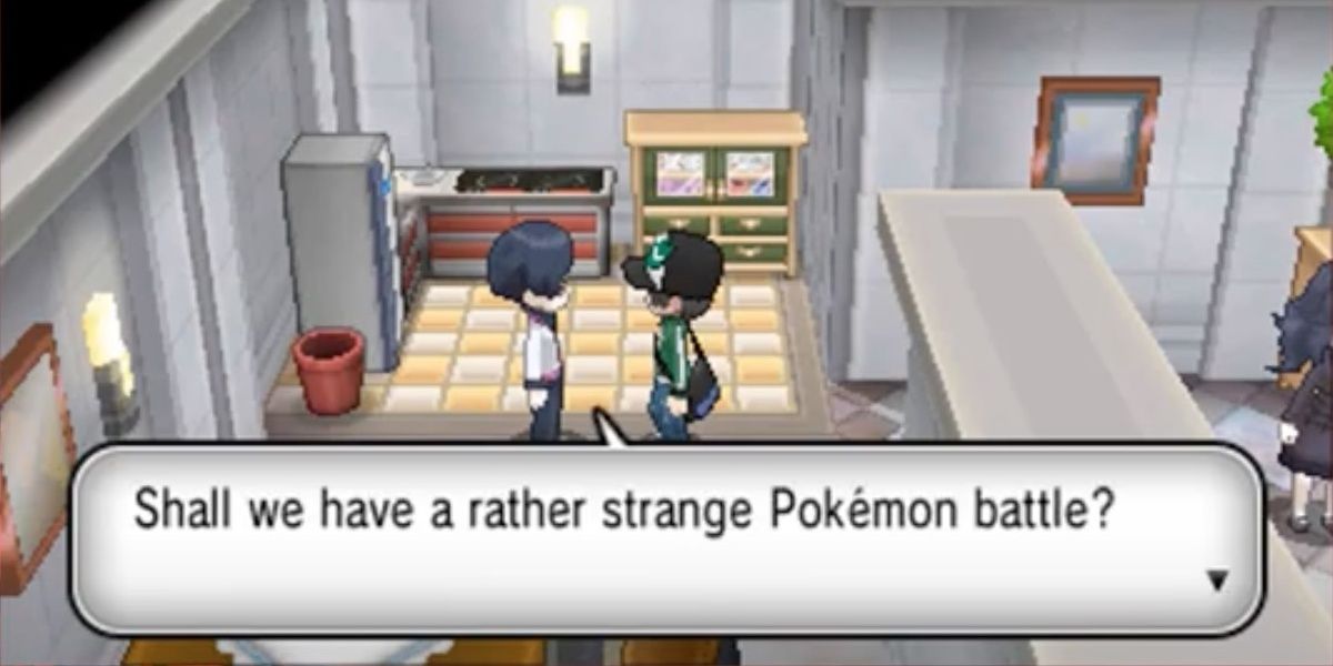 Psychic Inver in his home asking the player if they'd like to have a strange Pokemon battle
