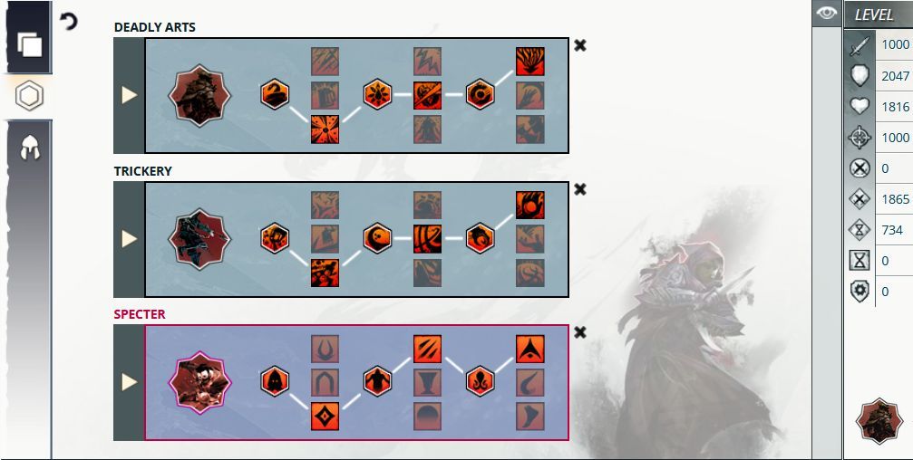 A screen shot of all the trait picks used in the Specter Open World build for Guild Wars 2