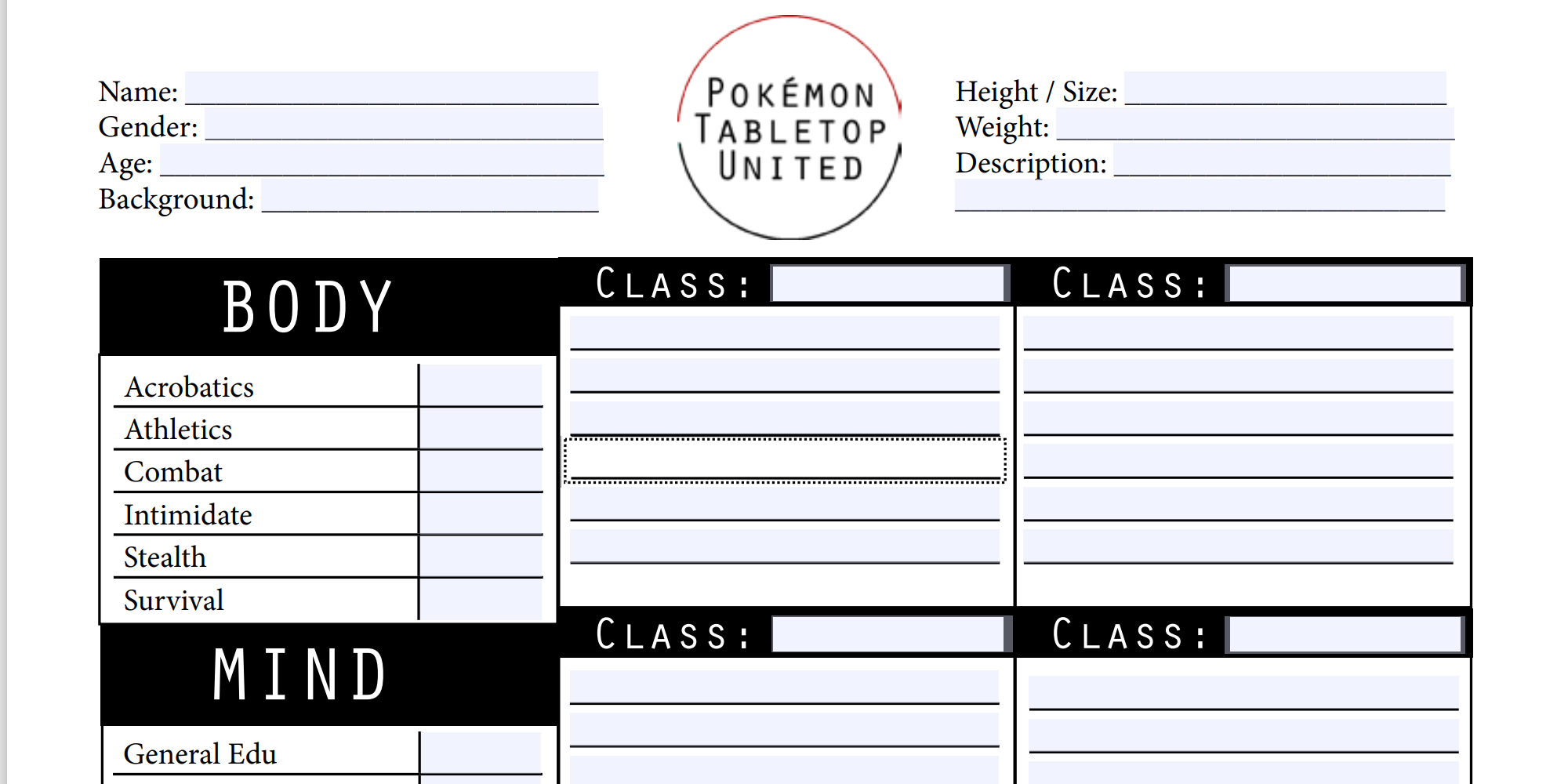 Pokemon Tabletop United Character Sheet Mind and Body and Classes