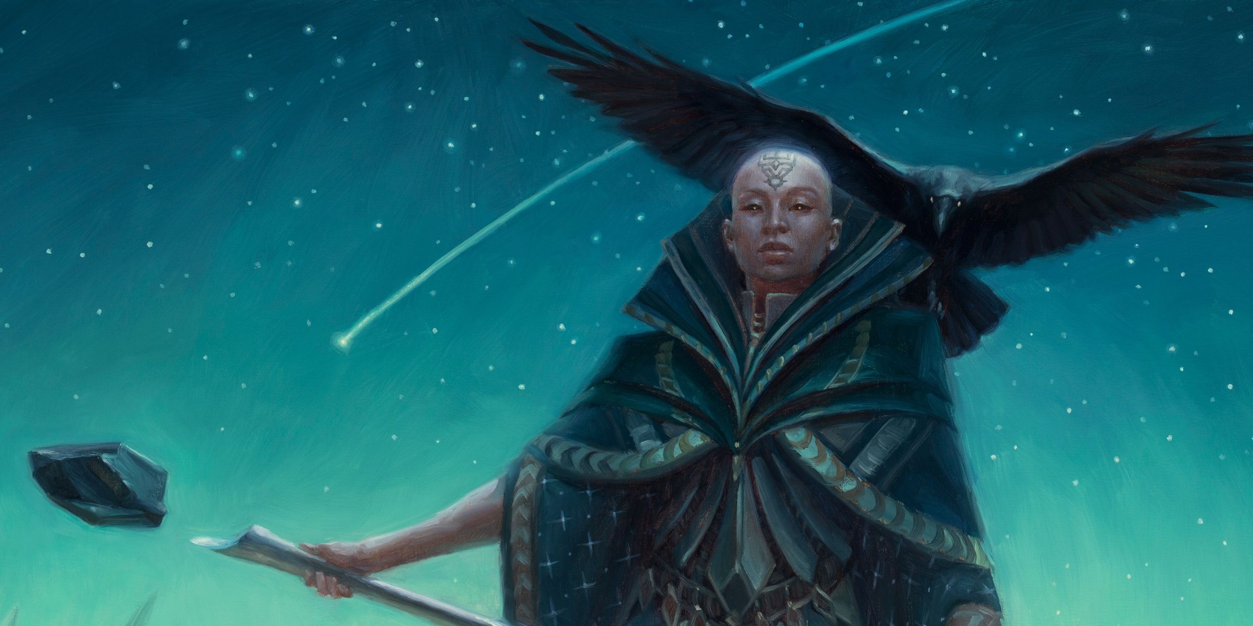 bald wizard with raven against shooting star night sky