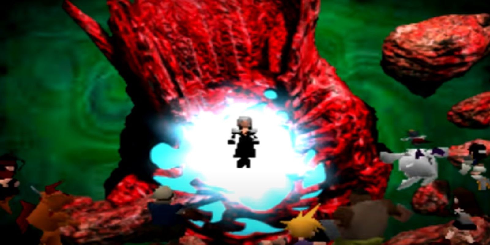 Screenshot of the Final Fantasy 7 party in the North Crater about to face Sephiroth.