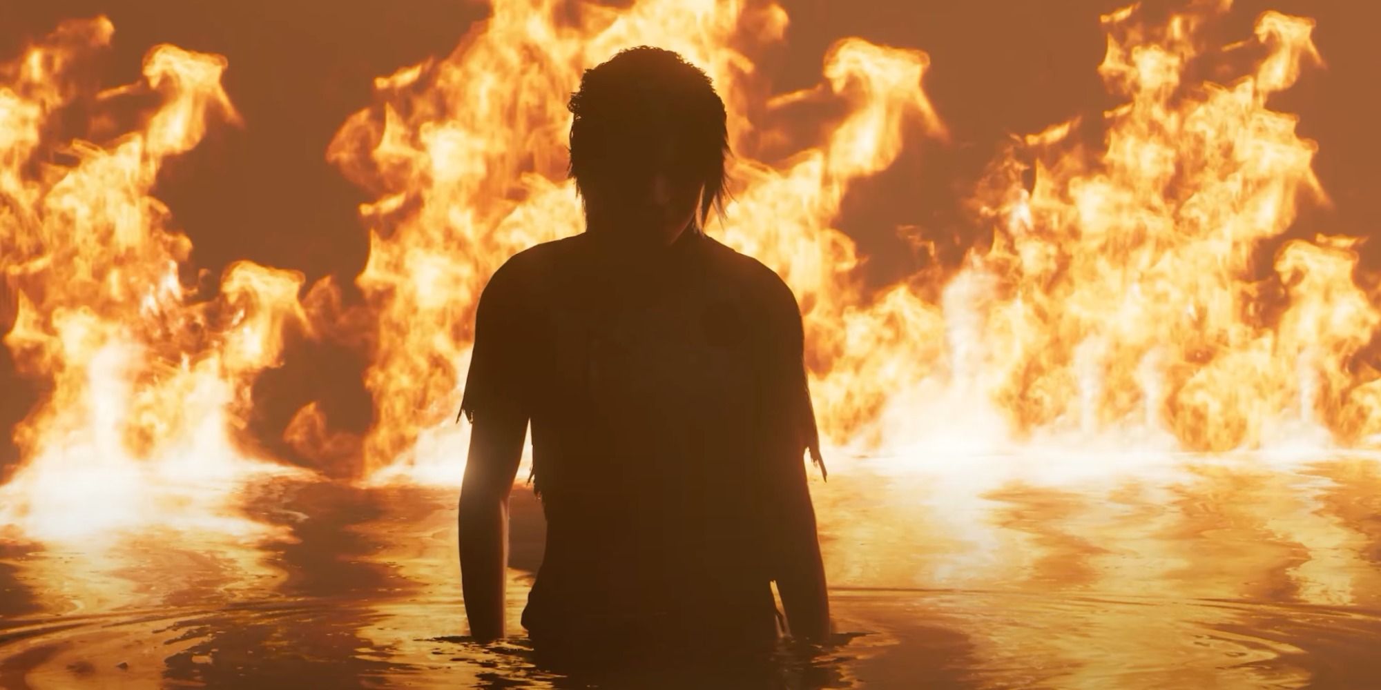 Lara Croft emerging from the water and flames in Shadow of the Tomb Raider