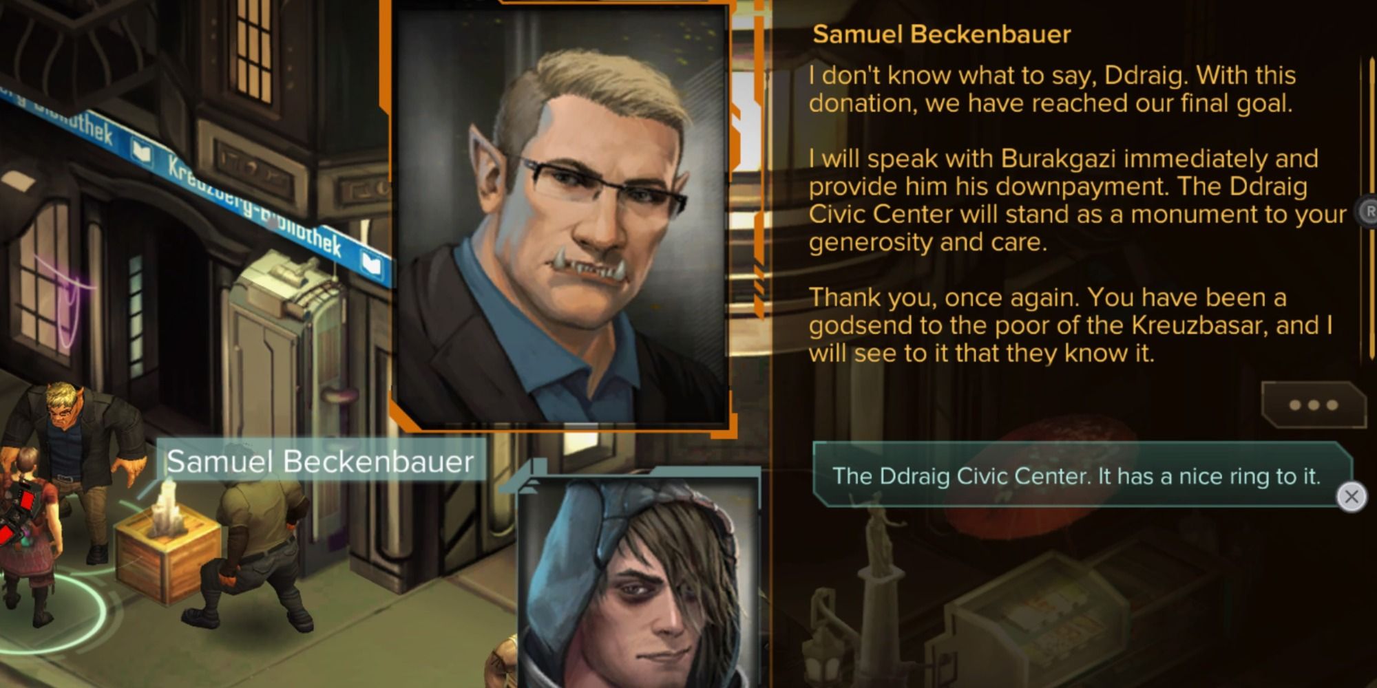 Shadowrun Dragonfall Samuel Beckenbauer thanking the player for donating