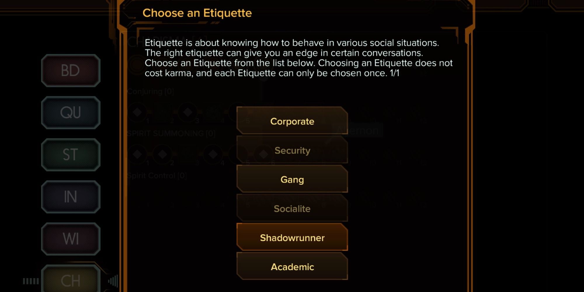 Shadowrun Returns Etiquette Selection Menu