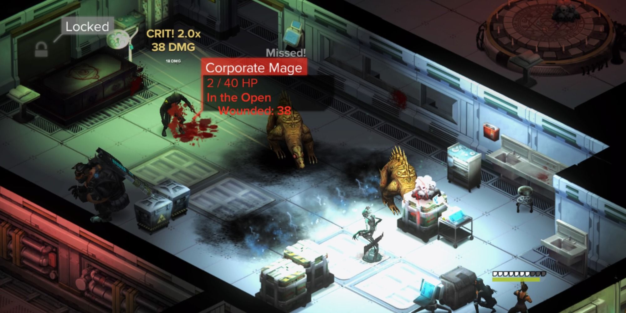 Shadowrun Returns Shootout in a lab with magic beasts and a corporate mage