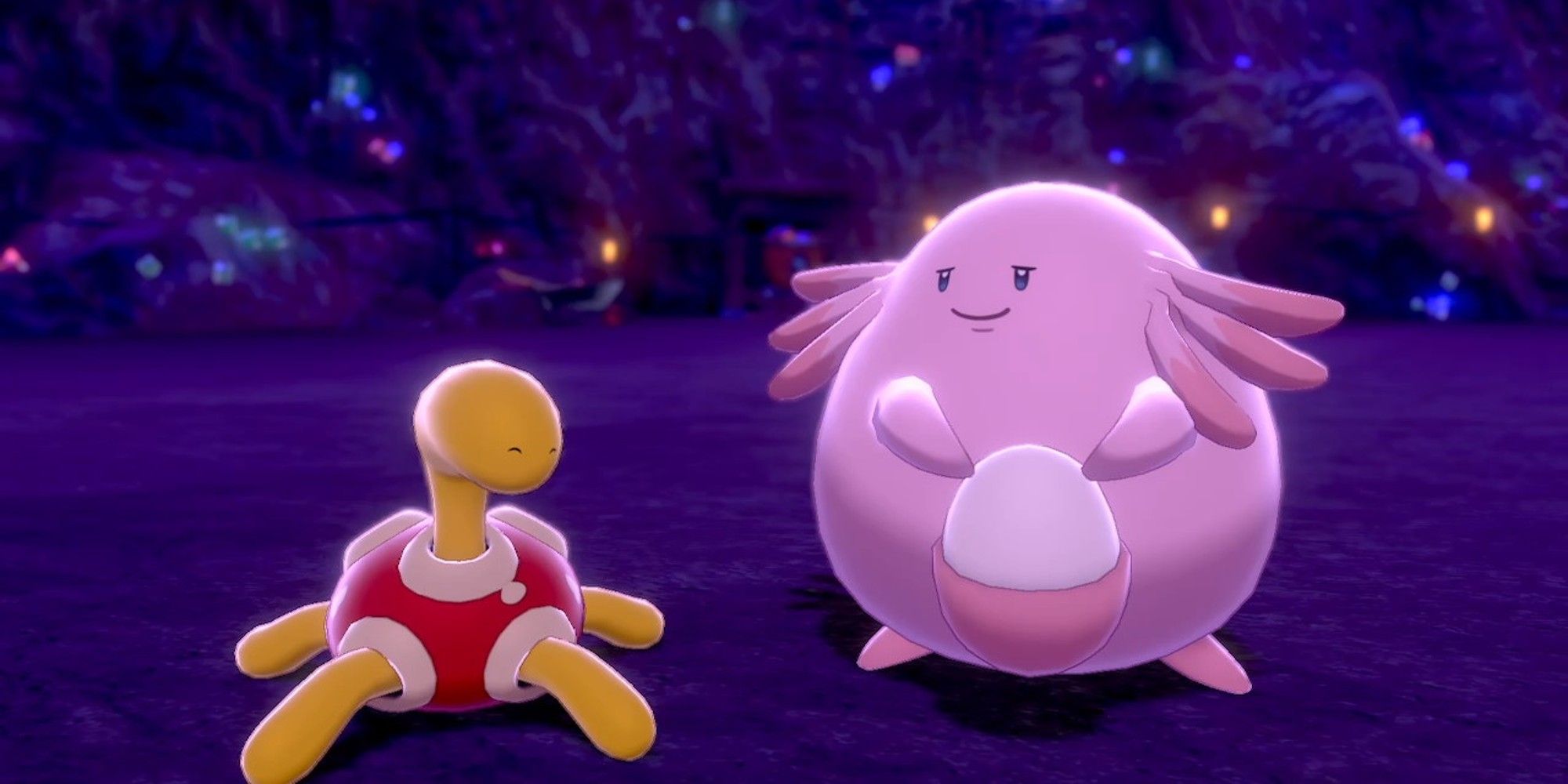 A Shuckle and Chansey in a dark cave. They're mischievously smiling at each other.
