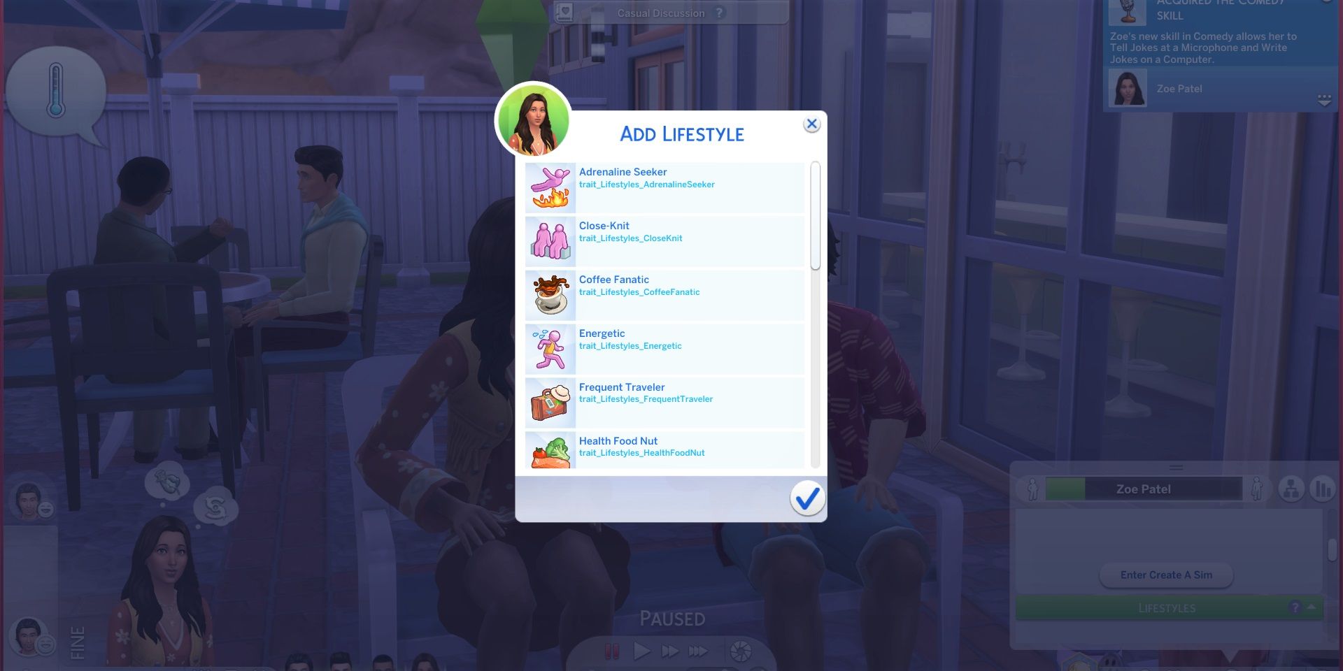 Zoe from the Roomie's Household has her Simbology panel pulled up, with the "Add Lifestyles" interface active.