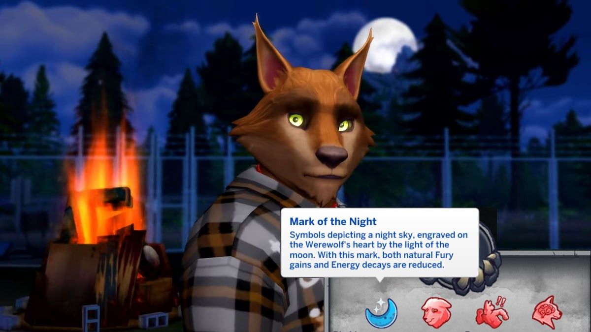 A wolf standing by a bonfire and some of the temperaments which can affect your wolf's fury levels in The Sims 4 Werewolves