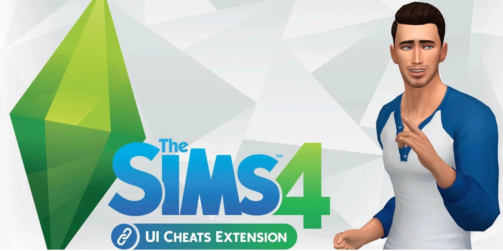The art for Weerbesu's UI Cheats Extension mod; on the left, a plumbob sits off-center behind the Sims 4: UI Cheats Extension logo. On the right, Weerbesu's Simself poses