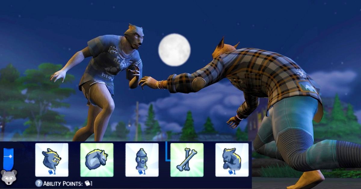 Two wolves sparring and the abilities available at Pup level in Sims 4 Werewolves