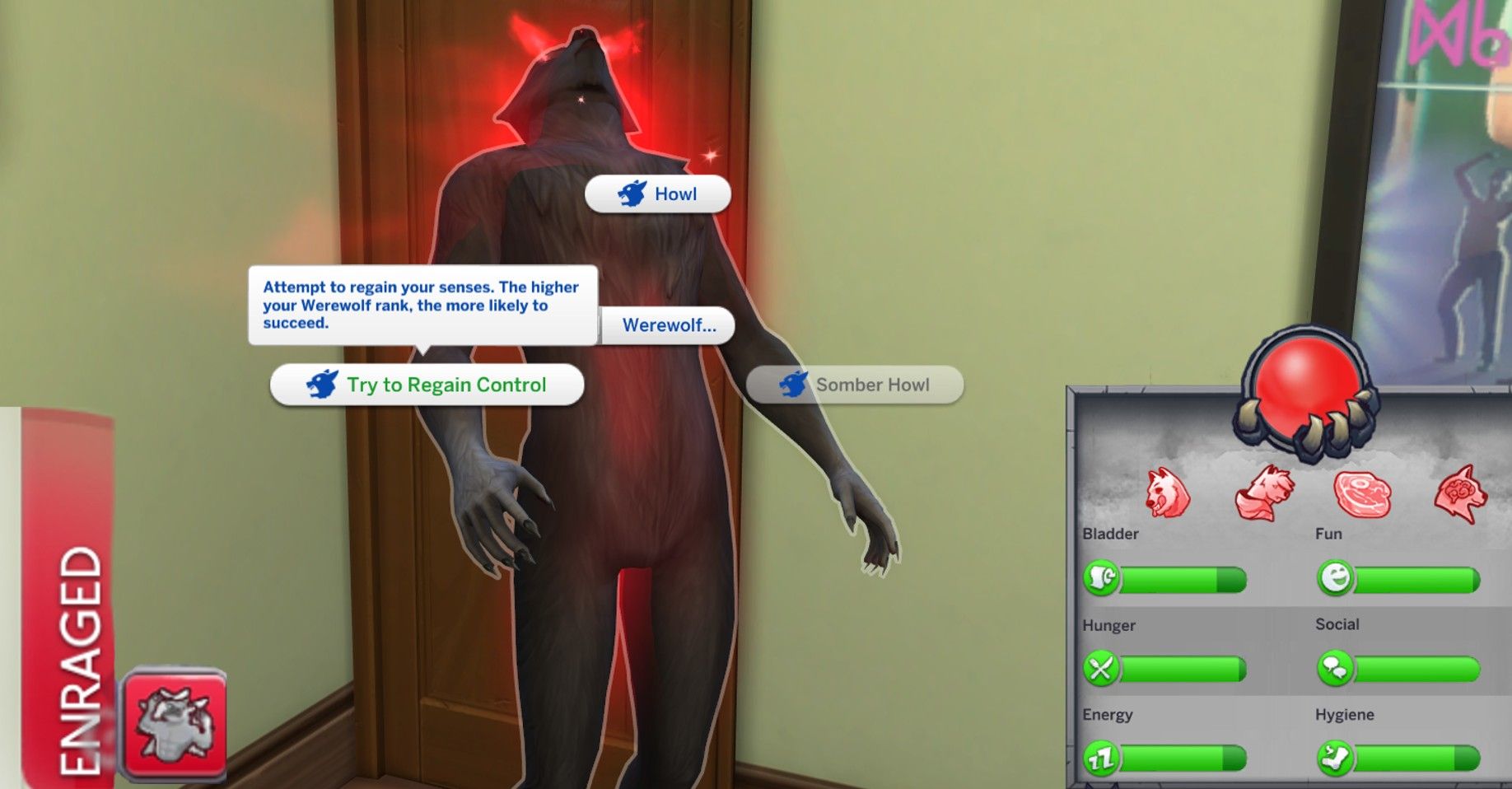 A werewolf howling during a Rampage in The Sims 4 Werewolves