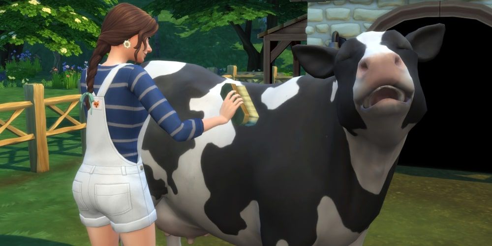 A screenshot of a Sim stroking a cow.