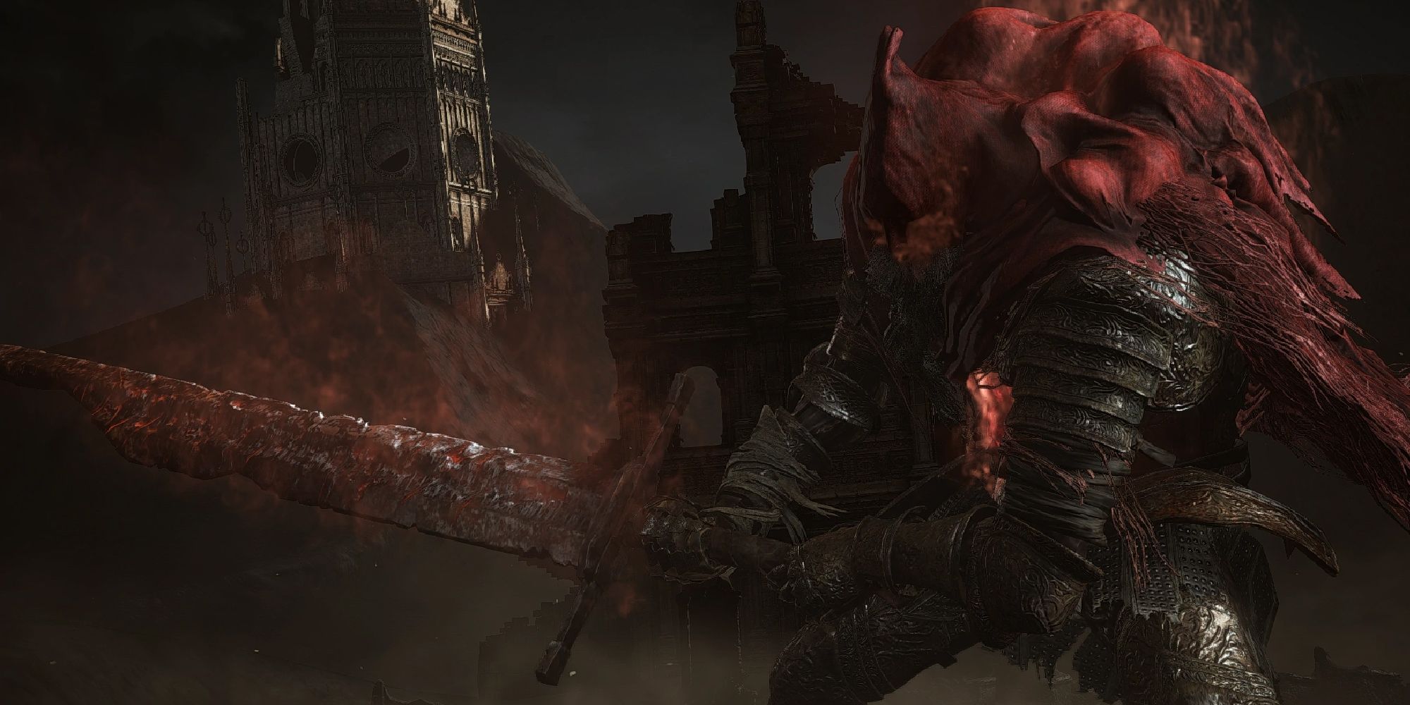 Slave Knight Gael holding his sword as orange smoke fumes from the rugged blade 