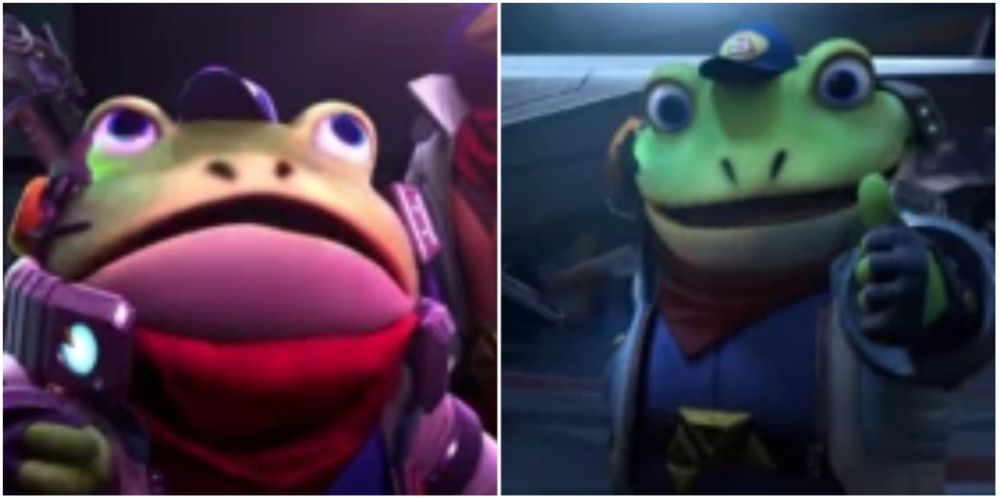 Split image screenshots of Slippy Toad looking up to the right and Slippy Toad giving a thumbs up.