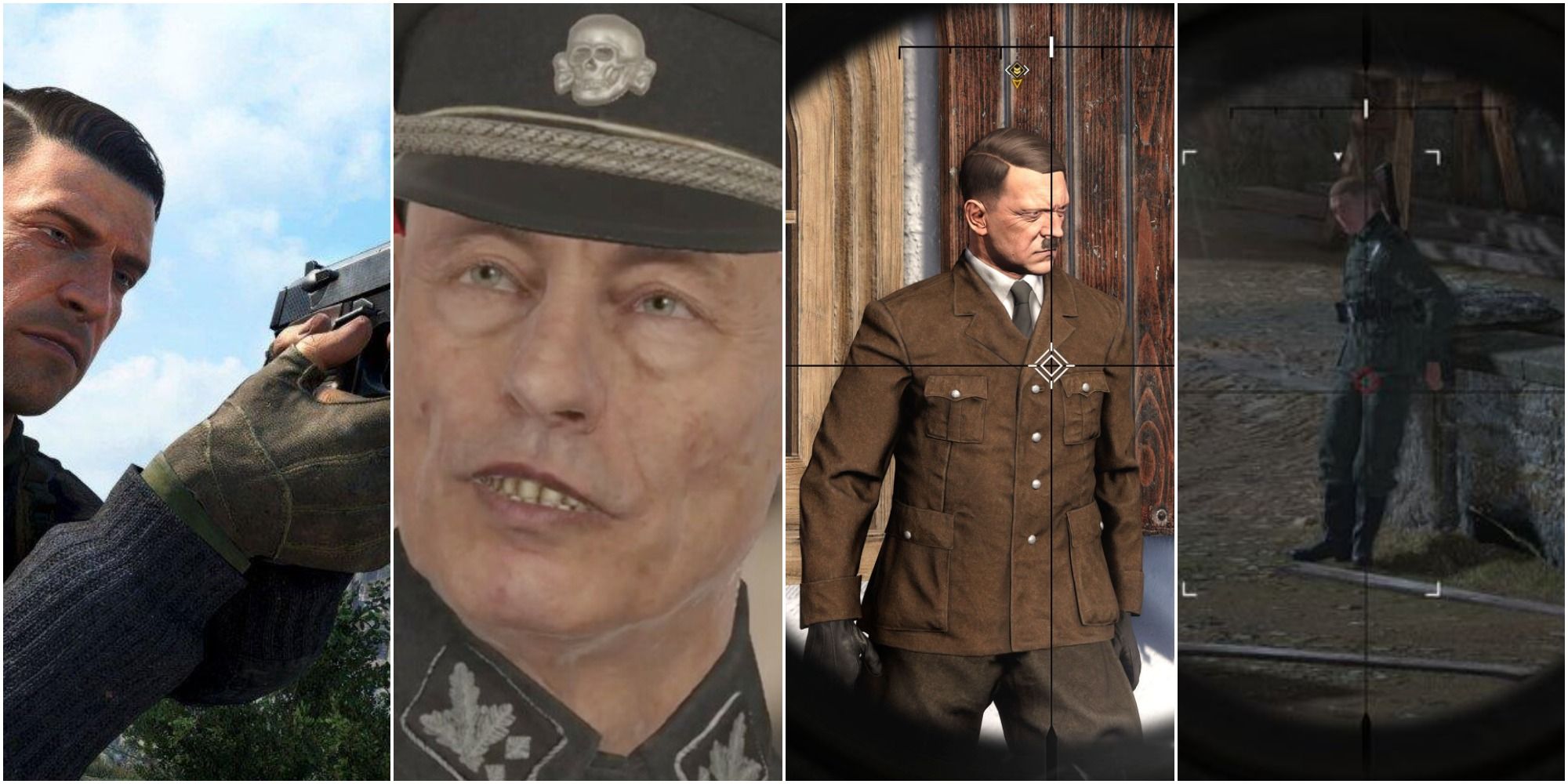 Sniper Elite 5 8 Hardest Achievements Featured Image showing Karl, Moller, Hitler and a testicle shot