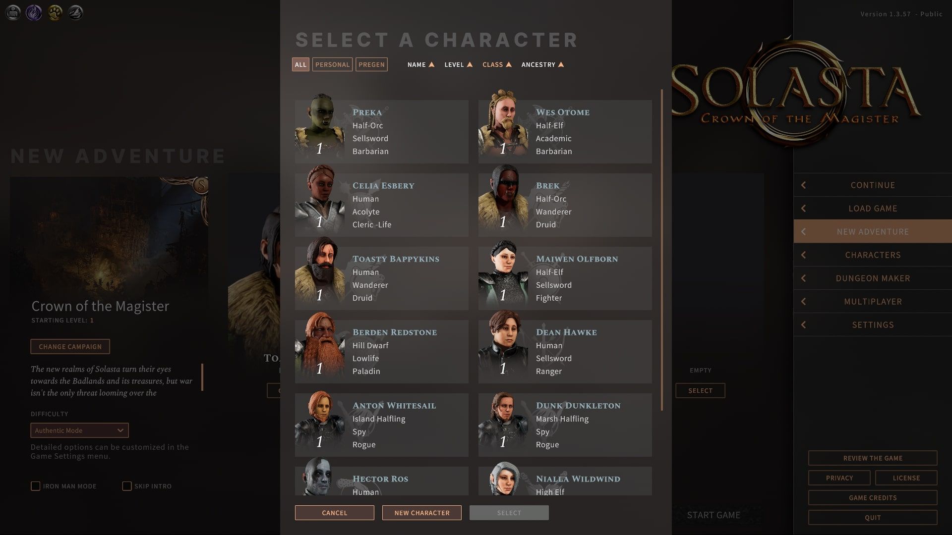 Solasta  Crown of the Magister List of premade and player created characters 