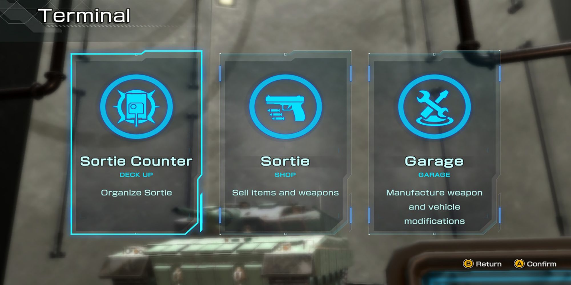 Sortie Counter, Sortie Store, and Garage are the three menus available in Metal Max Xeno Reborn's Sortie.