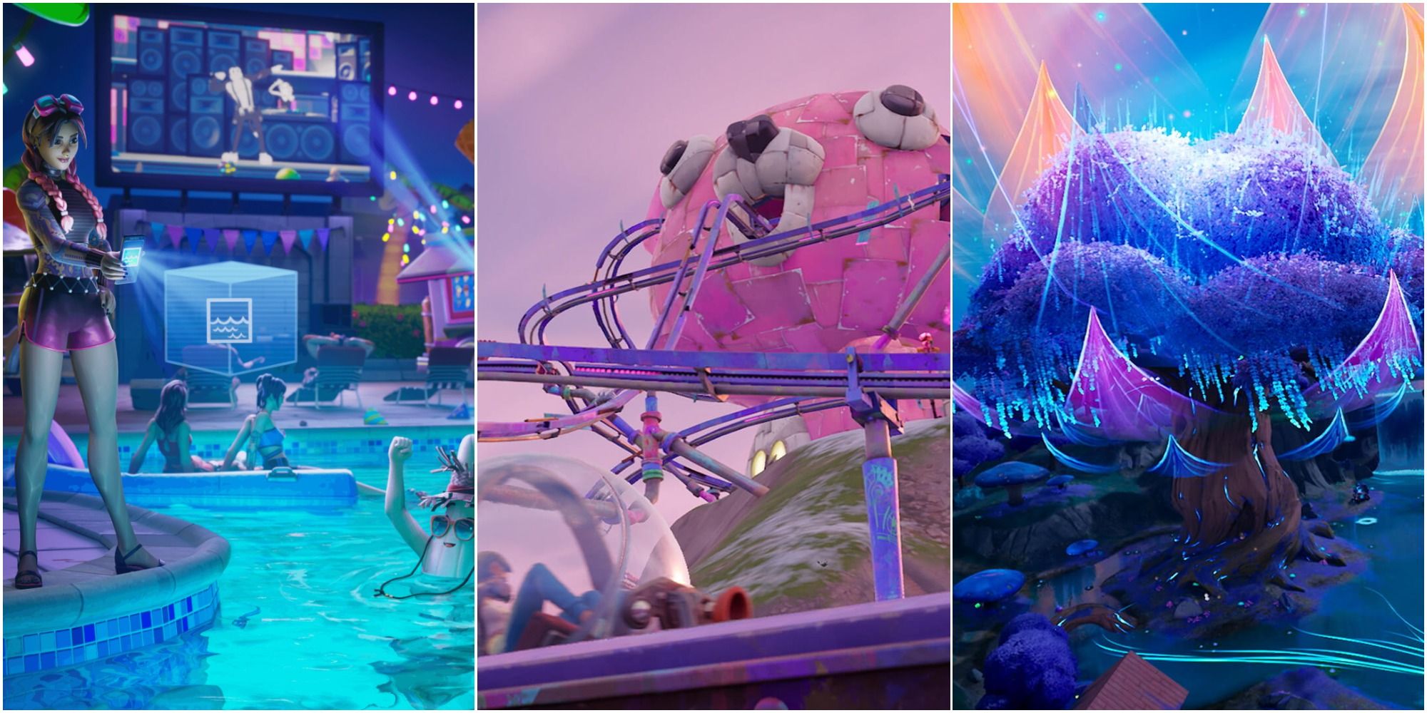 A Split Image of Fortnite Chapter 3 Season 3, Vibin' with characters by the pool and riding a rollercoaster.