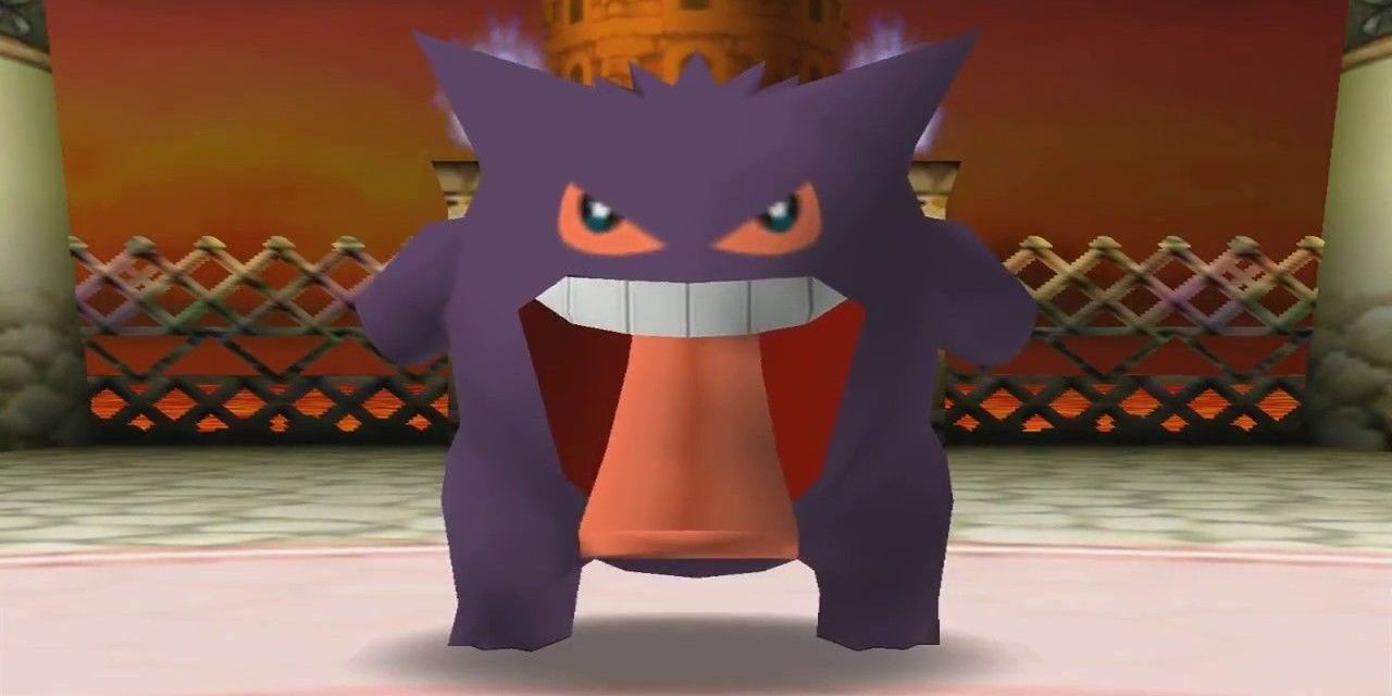 Gengar sticking its tongue out in an arena in Pokemon Stadium.
