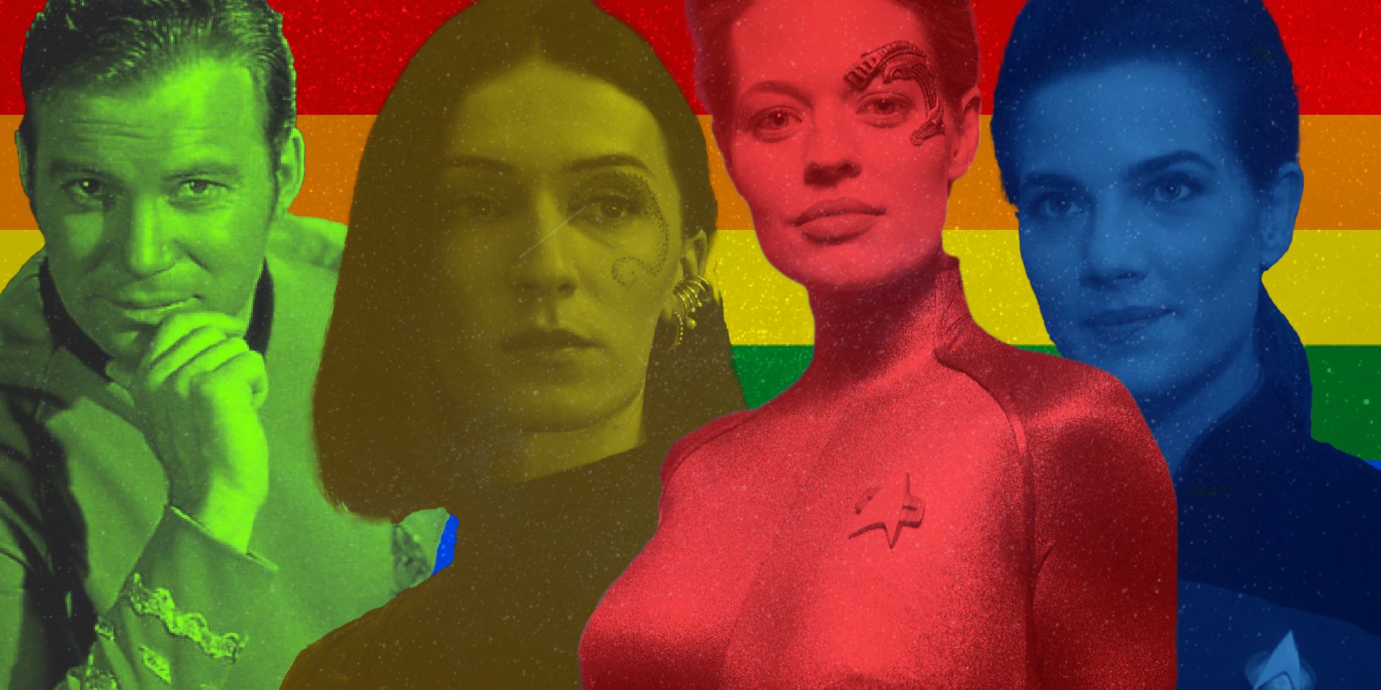 A rainbow background with four Star Trek characters. From left to right: Captain Kirk, Captain Angel, Seven of Nine, and Jadzia Dax