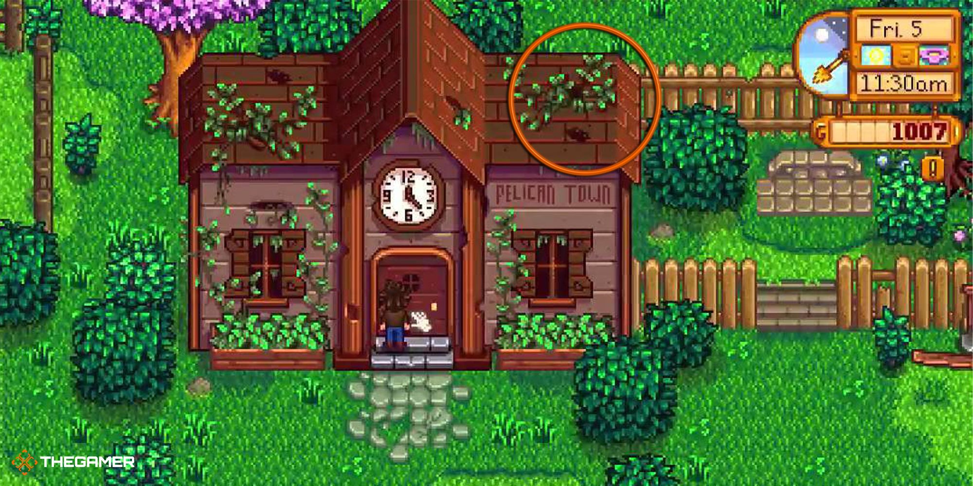 Stardew Valley - Community Centre with circle overtop marking the location of the Stone Junimo statue