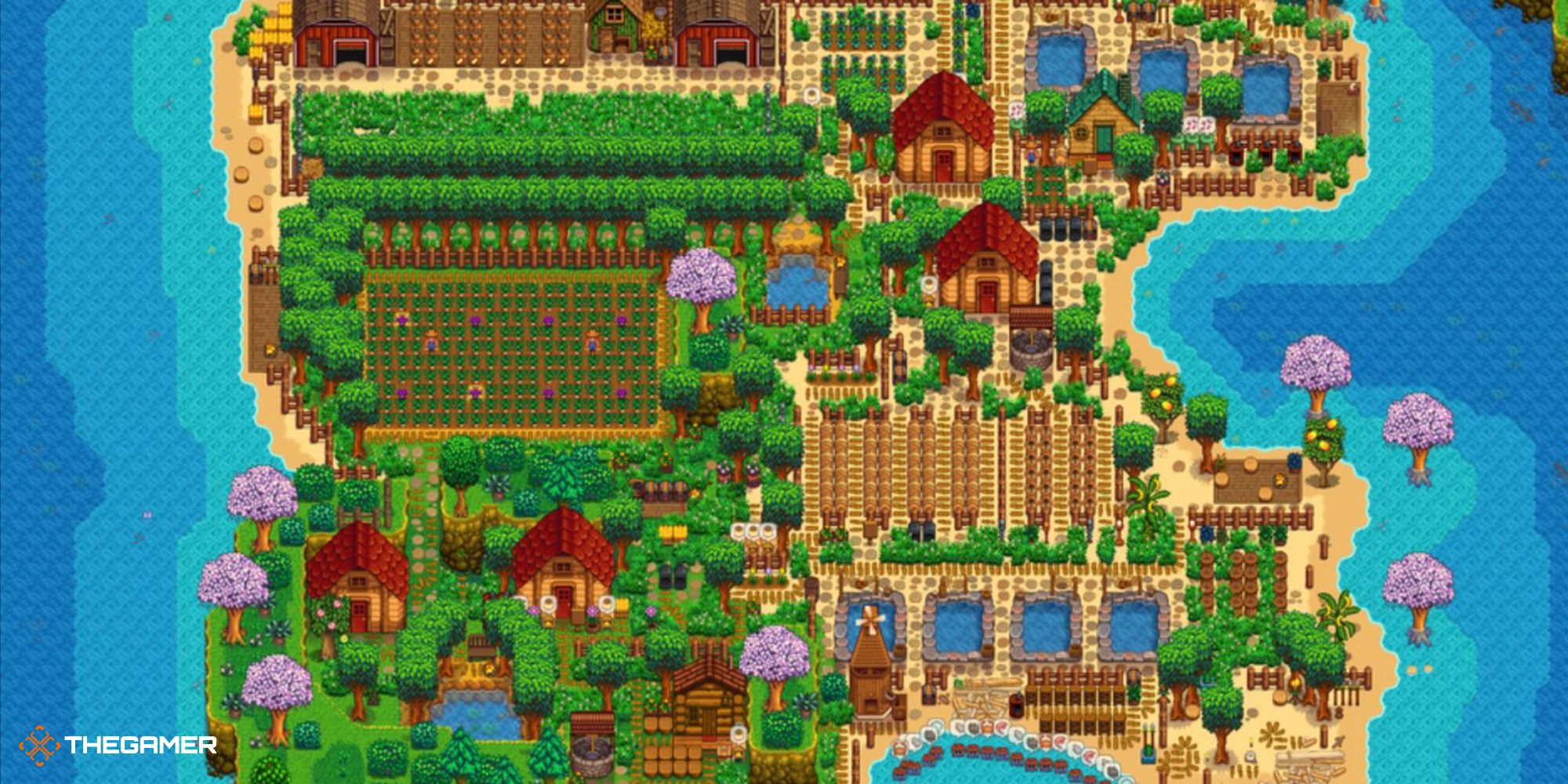 A fully-used Beach Farm in Stardew Valley filled with crops and storage sheds
