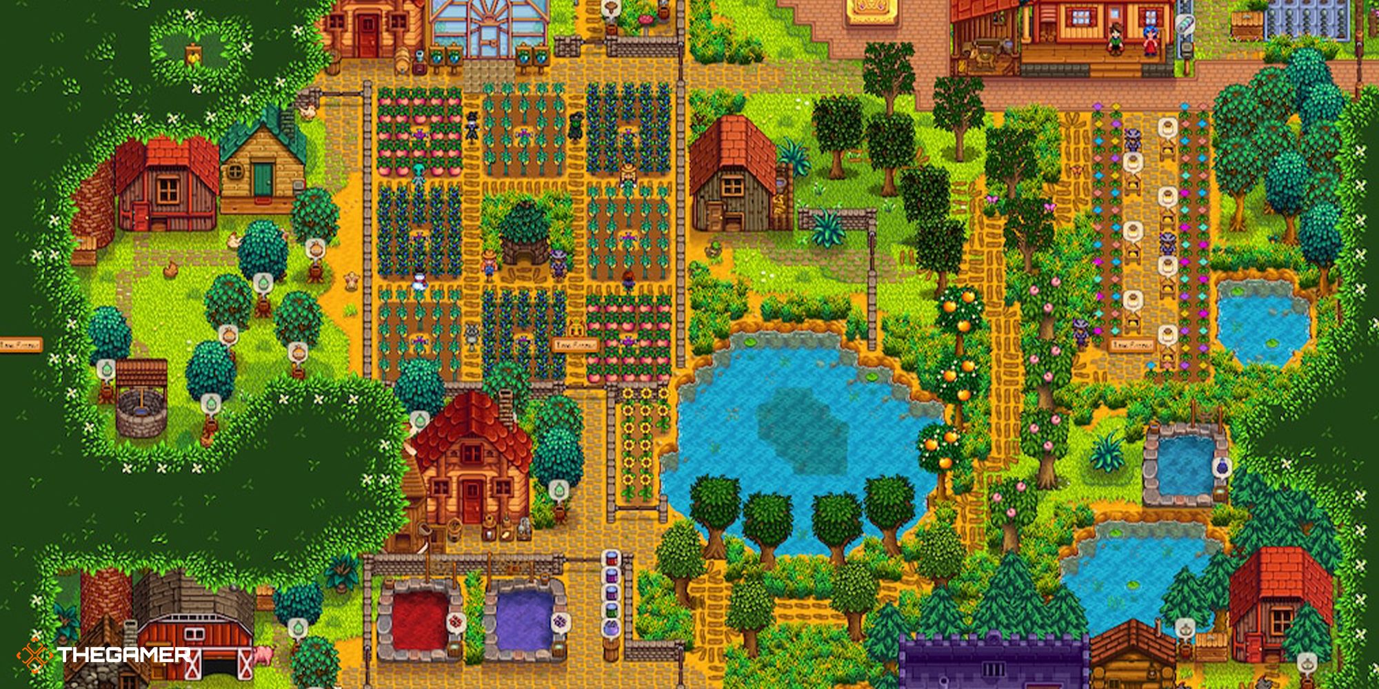 A fully populated Forest Farm in Stardew Valley, filled with crops