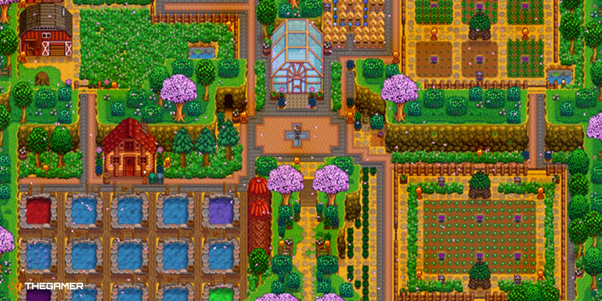 A fully-populated Four Corners Farm in Stardew Valley with areas for crops, ponds, animals, and beehives