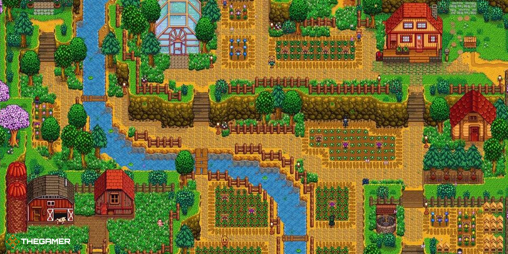 A fully populated Hilltop Farm in Stardew Valley, filled with crops and animal houses