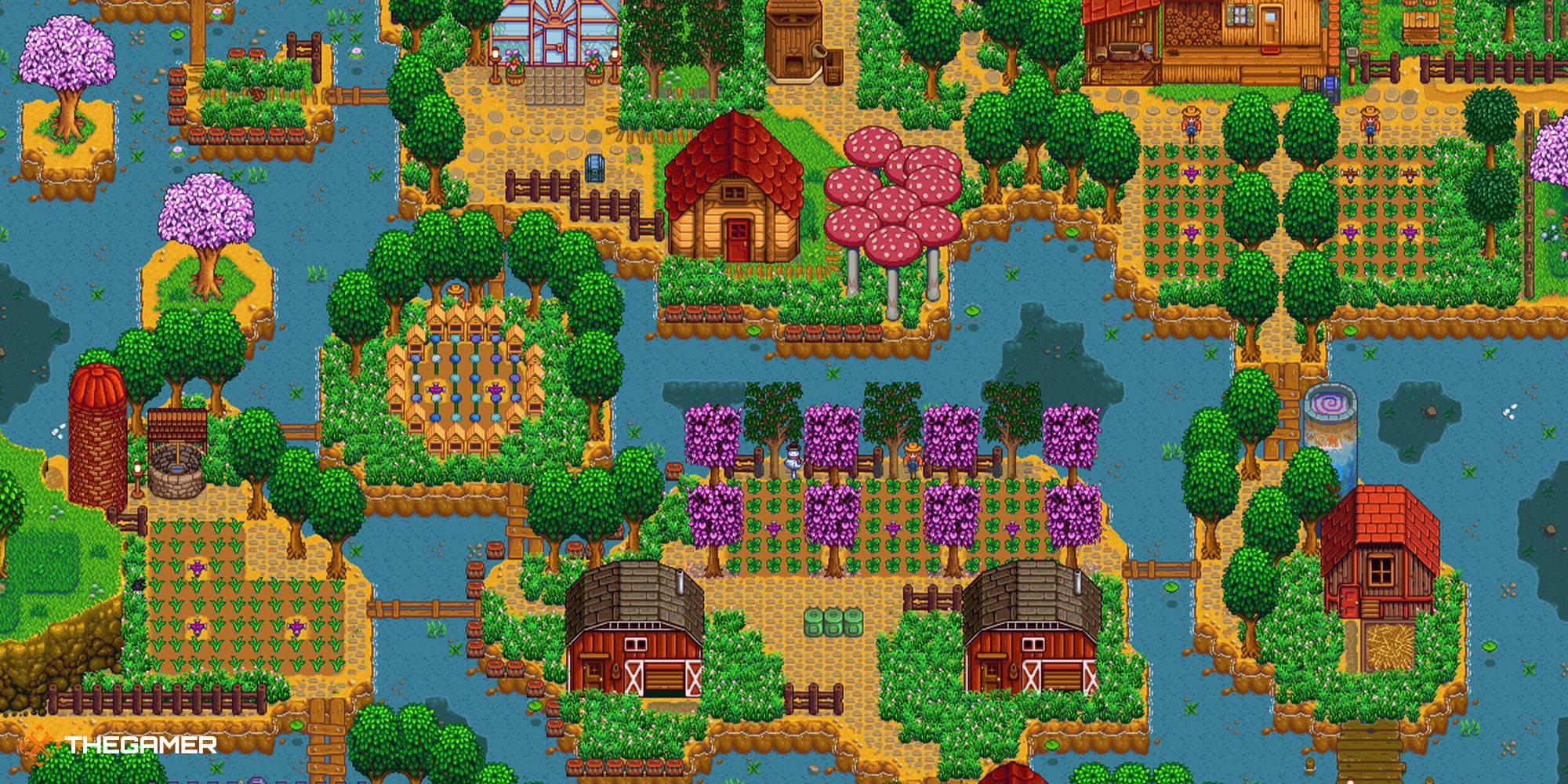 A filled Riverland Farm in Stardew Valley with lots of trees and a few small crop patches