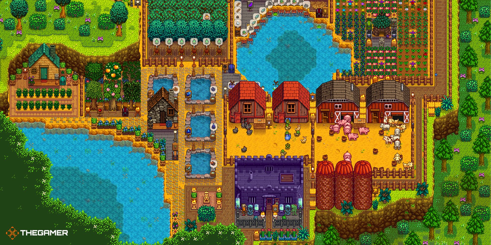 A fully populated Wilderness Farm in Stardew Valley, filled with animal houses and a slime hutch