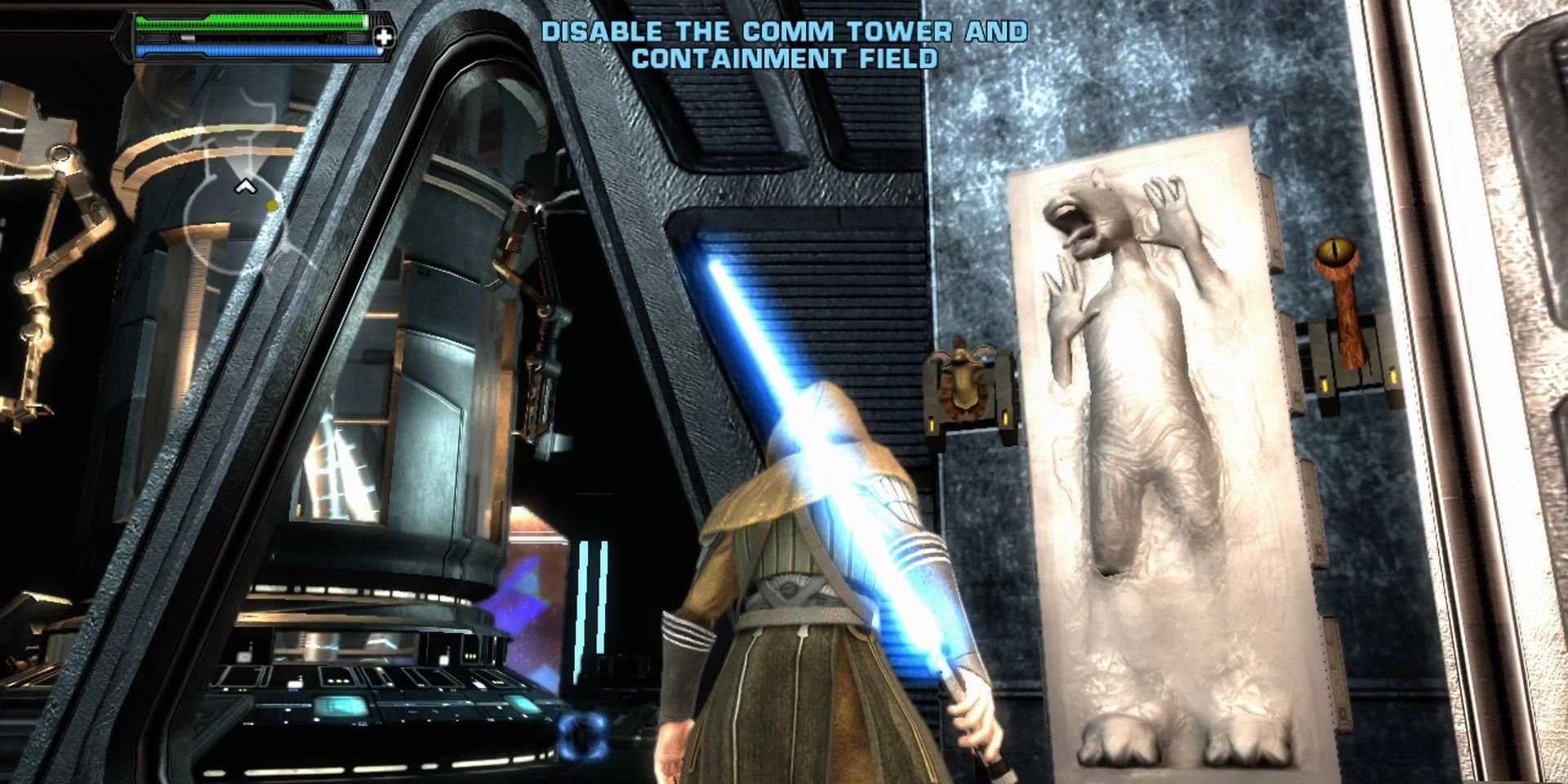 Starkiller standing before a Gungan in Carbonite in The Force Unleashed