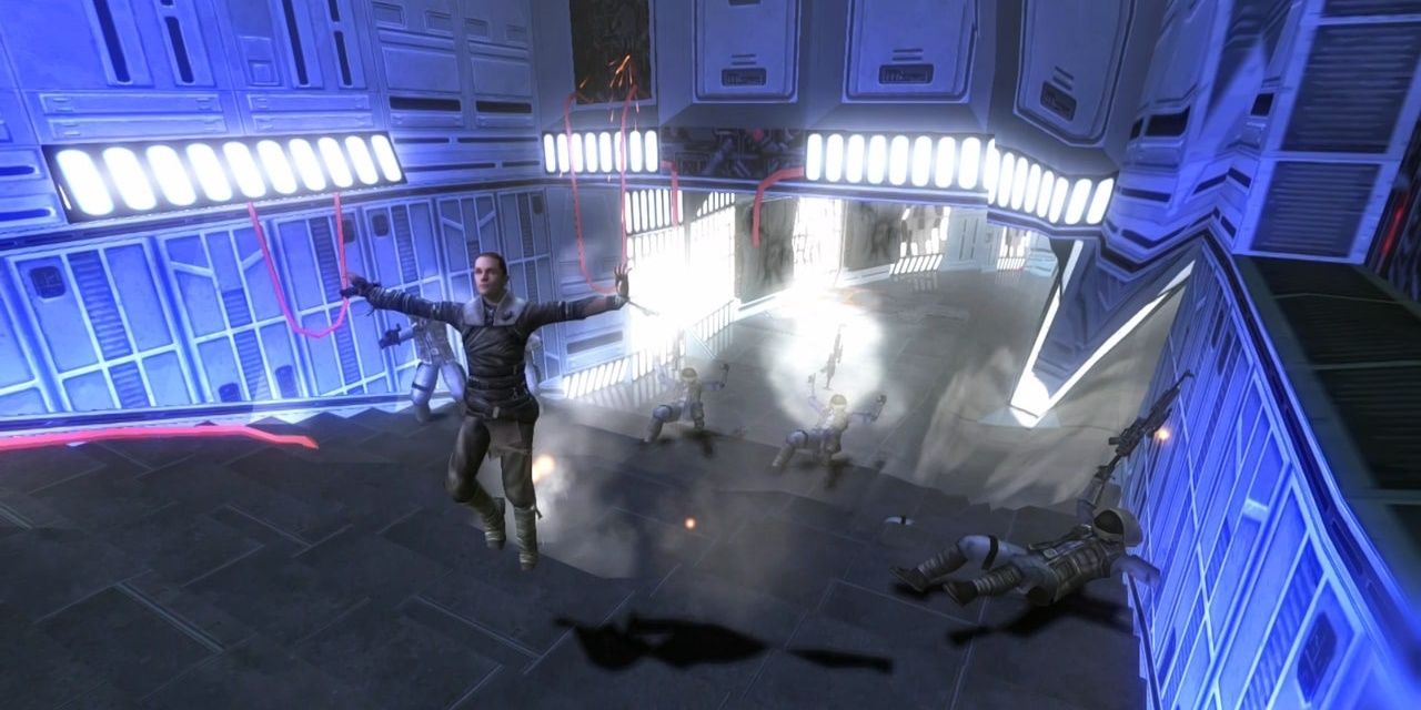 Starkiller using the force to defeat a group of soldiers in The Force Unleashed