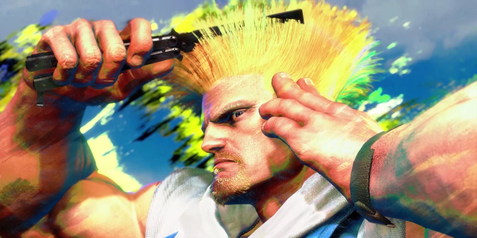 Guile combing his hair during his victory screen in Street Fighter 6