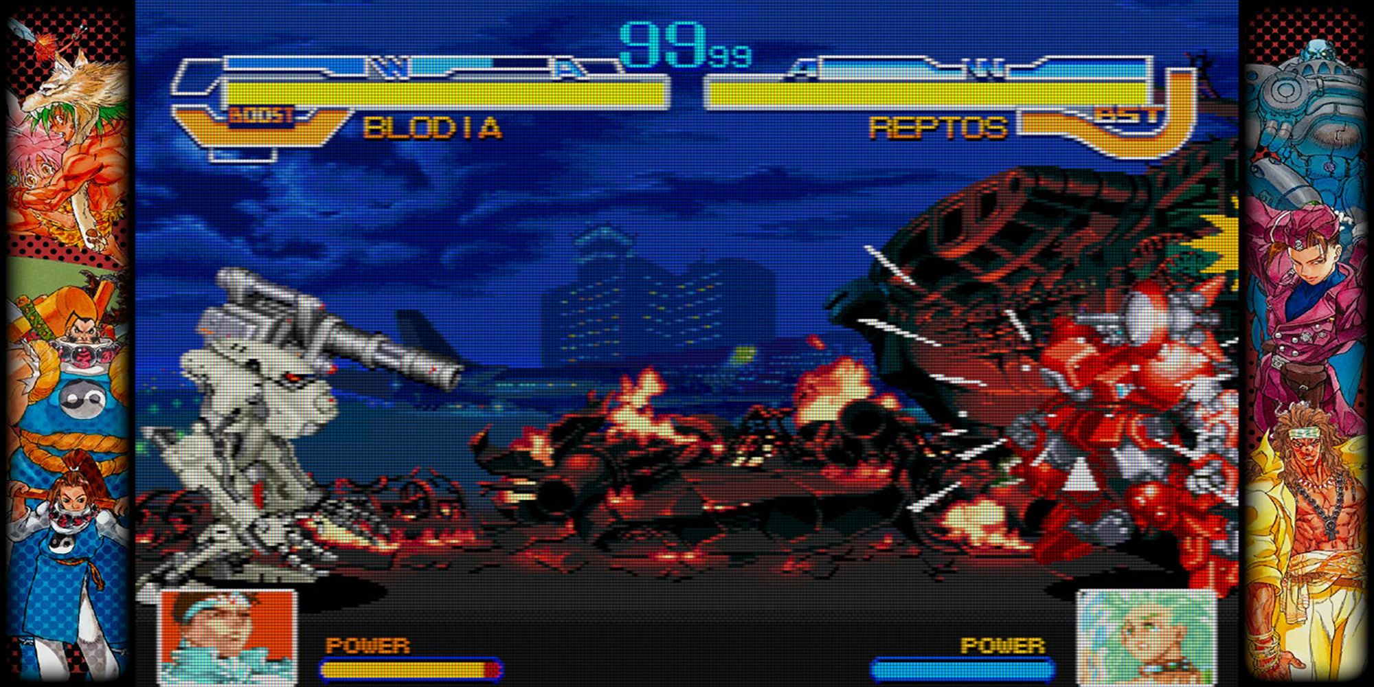 Blodia super charges its power gauge in a battle against Reptos at an airport in Cyberbots, a game in Capcom Fighting Collection.