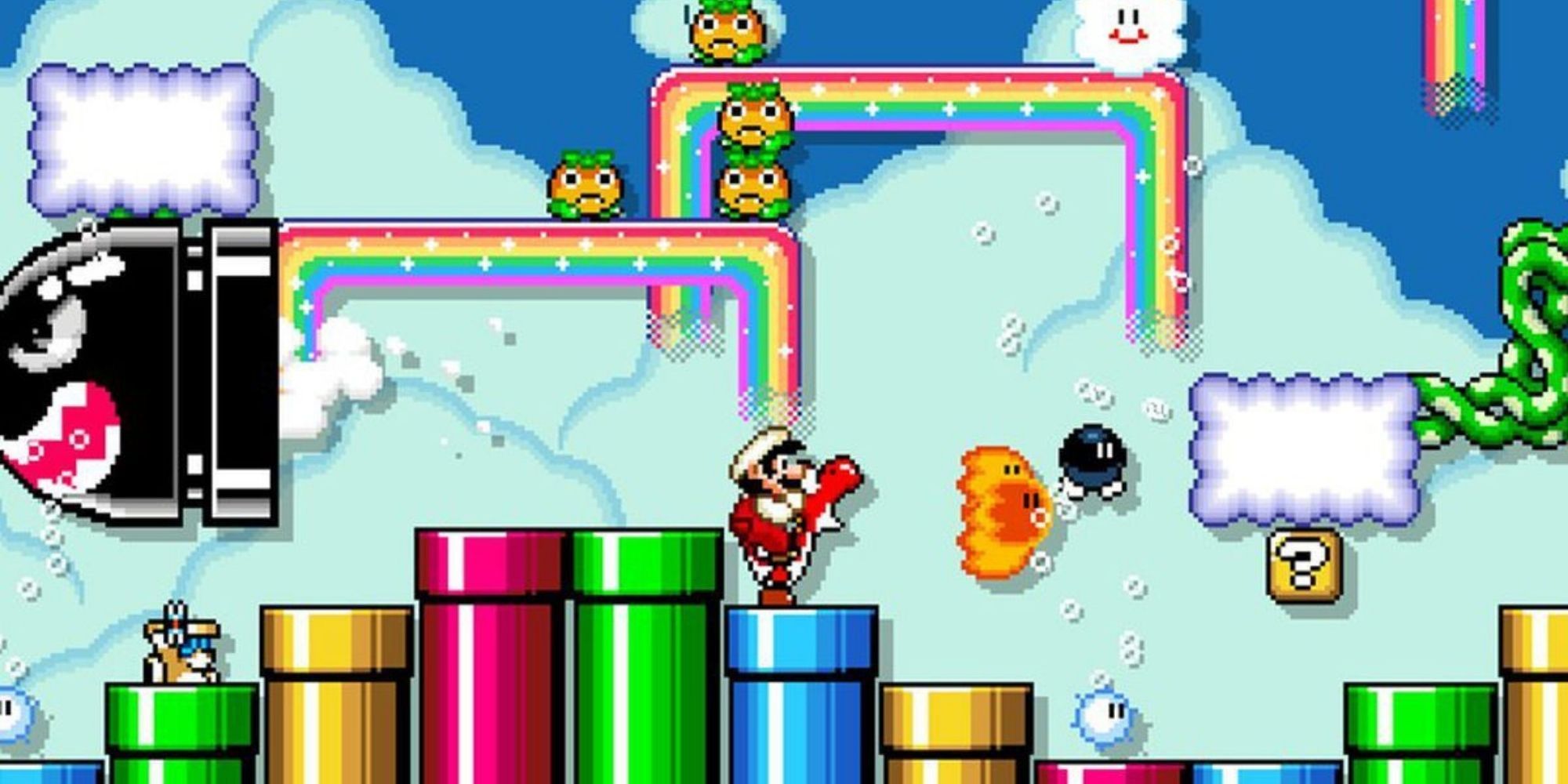 Mario and Yoshi stand on pipes in the sky In Super Mario Maker 2