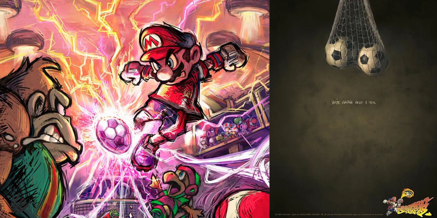Super Mario Strikers Ad with balls in a net next to game art of mario