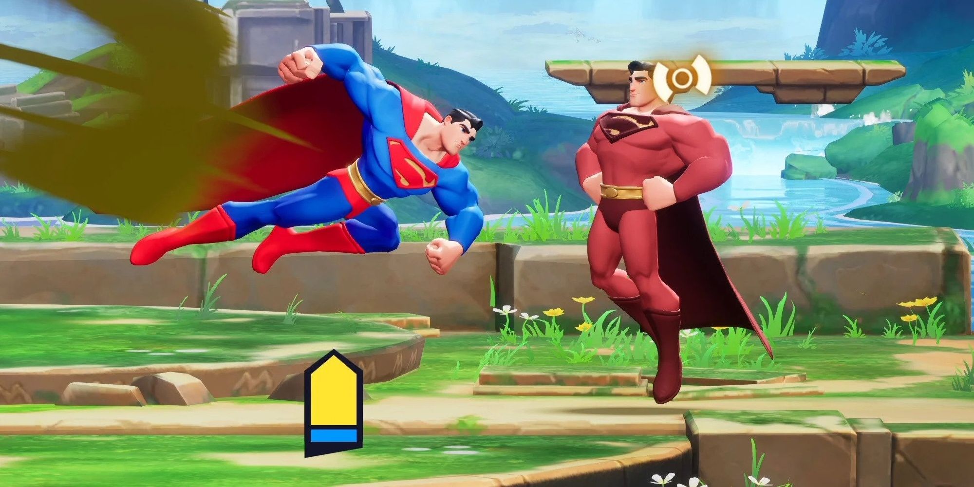 Superman flying at an alternate red suit Superman in MultiVersus