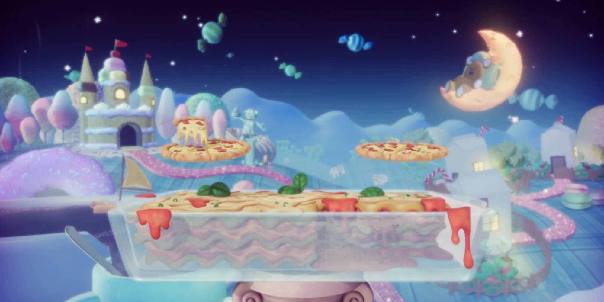 Sweet Dreams Pizza and Lasagna float in the night sky