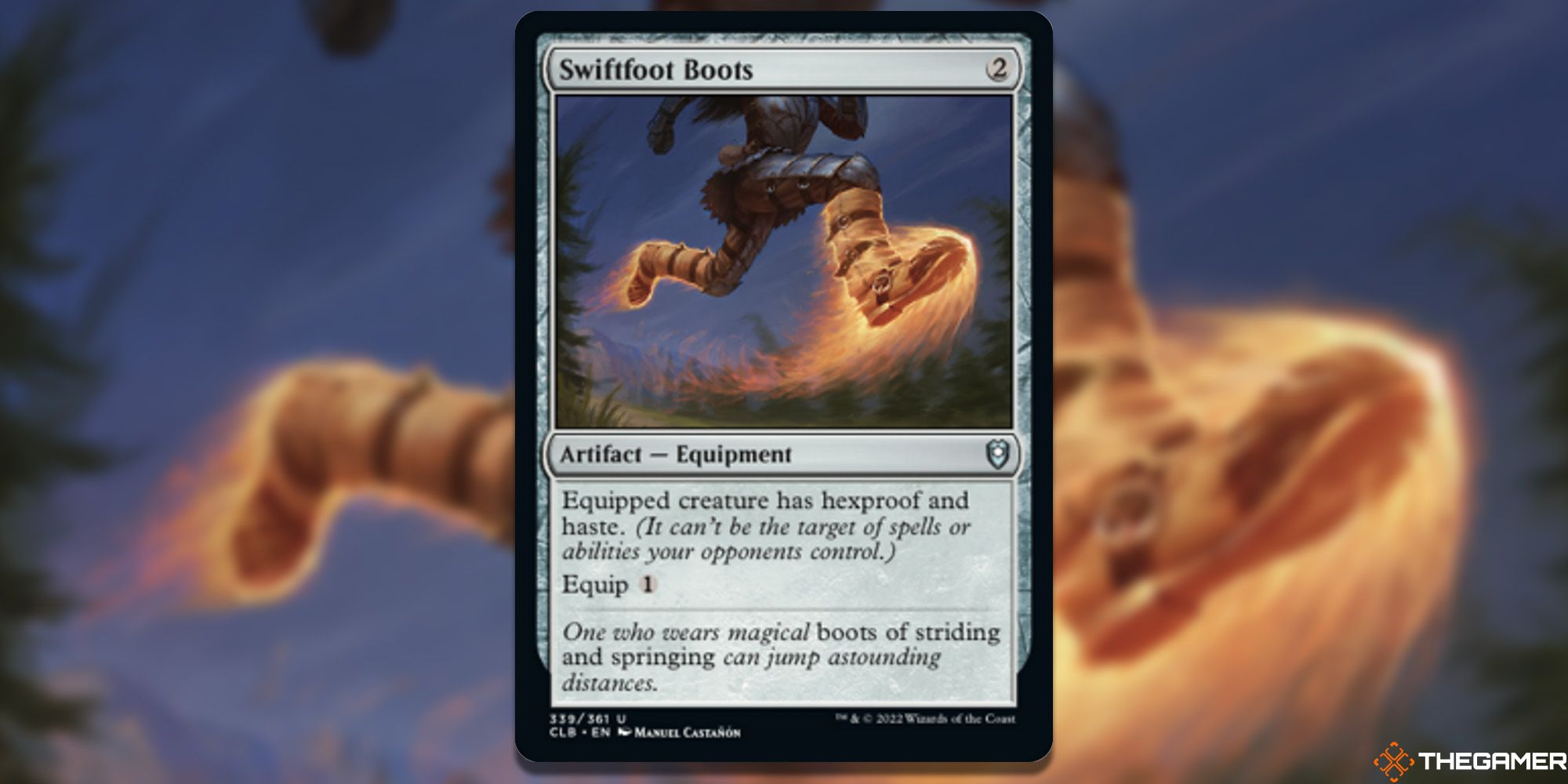 Image of the Swiftfoot Boots card in Magic: The Gathering, with art by Manuel Castañón