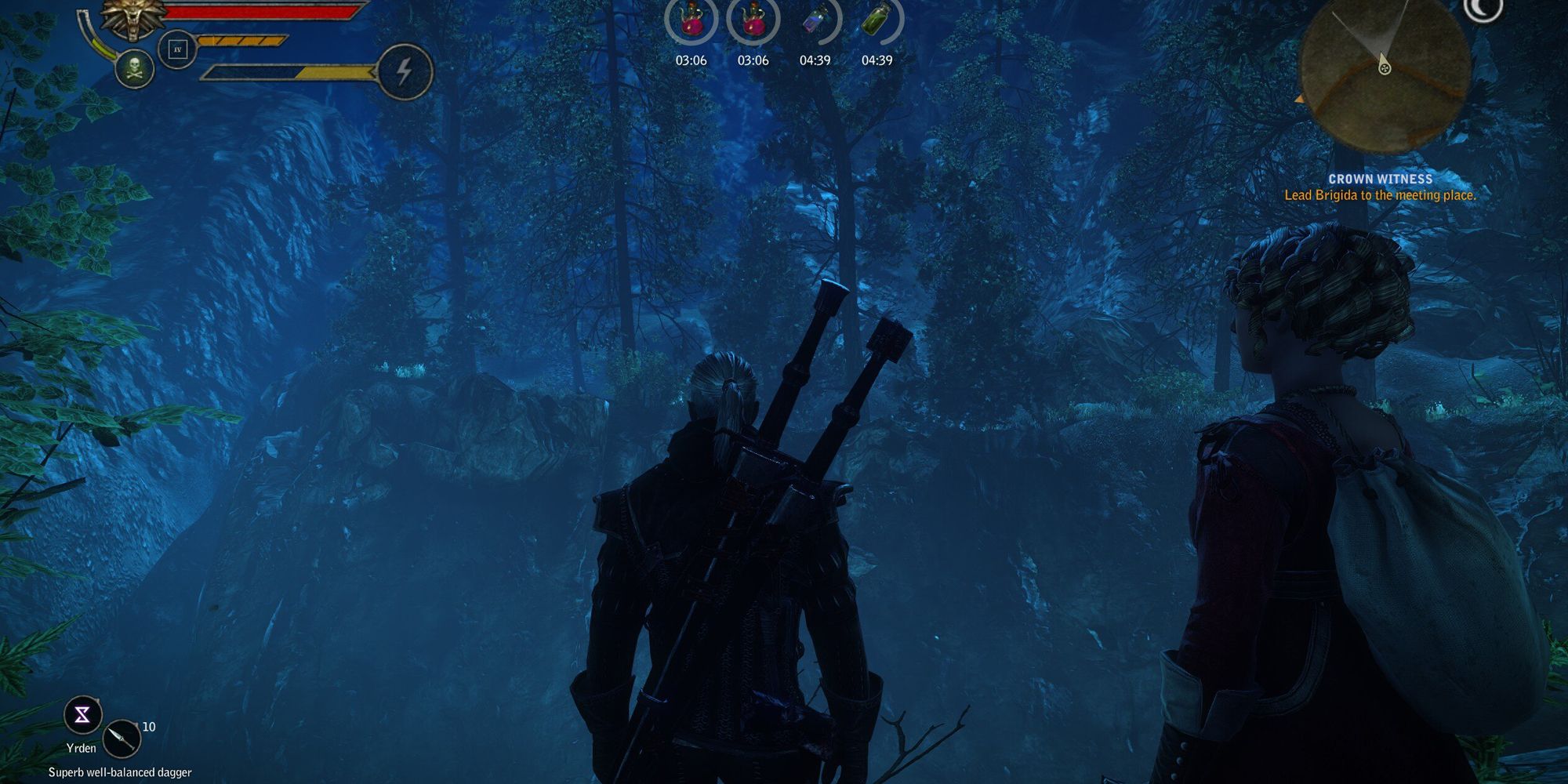 The Witcher 2, Geralt leading someone to safety.
