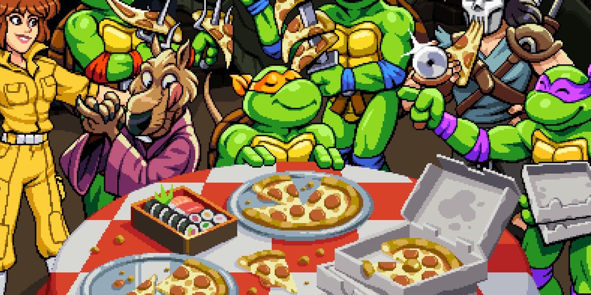 TMNT: Shredder's Revenge the Turtles, April, and Master Splinter gather round pizza and sushi