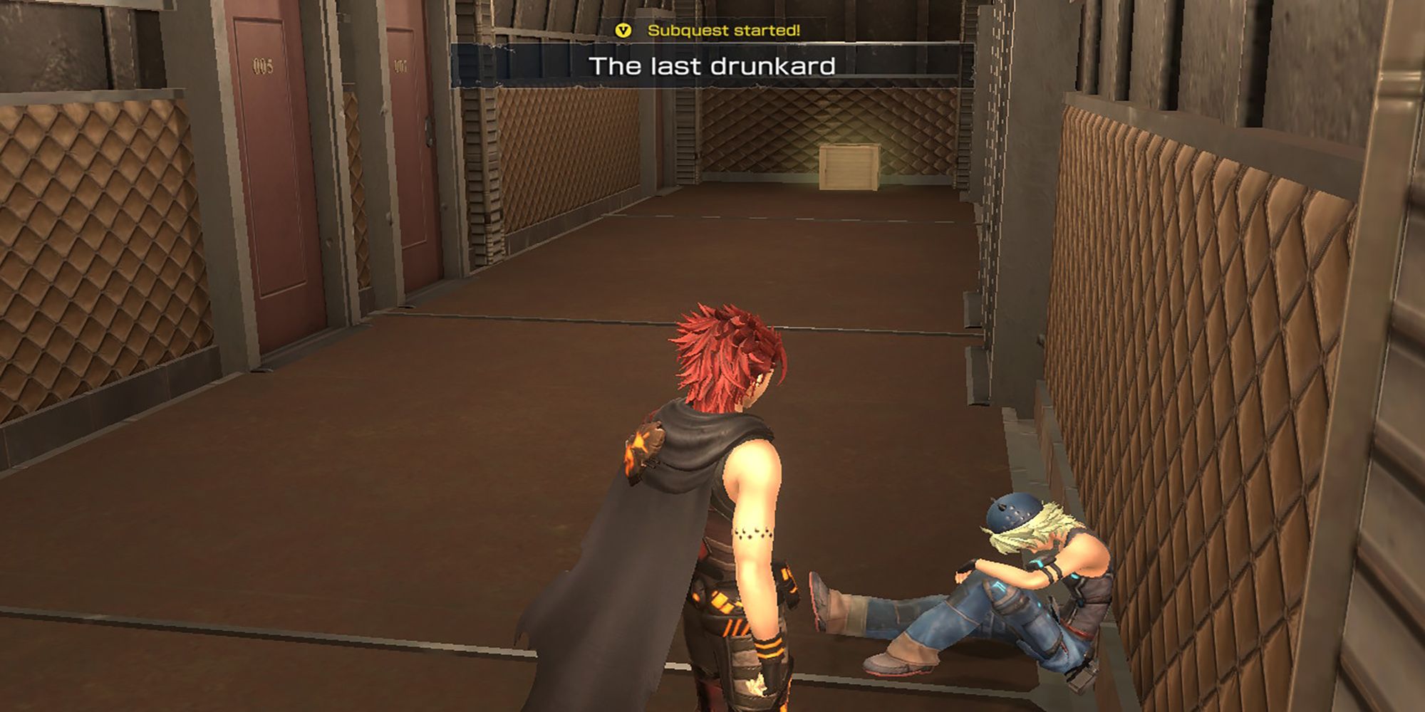 Talis approaches an intoxicated Yokky sitting in a hallway at Iron Base in Metal Max Xeno Reborn.