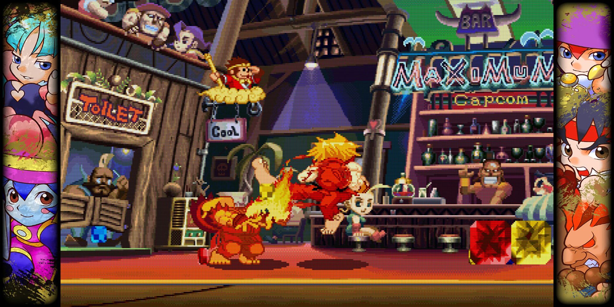 Ken hits Ryu with an amplified Tatsumaki Senpukyaku in a bar fight at DeeJay's pub, MAXIMUM, in Pocket Fighter, a game in Capcom Fighting Collection.