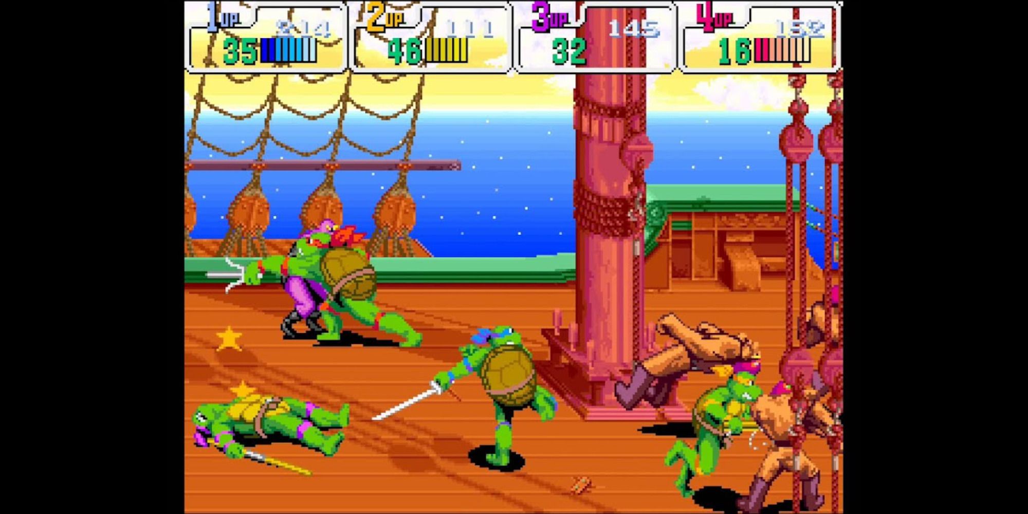 Teenage Muntant Ninja Turtles Turtles In Time with Donatello, Rapheal, Leonardo, and Michealango beating up some thugs.