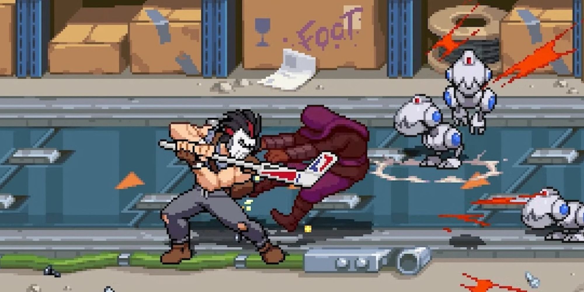 Casey Jones clubbing a Foot Ninja with his hockey stick in Teenage Mutant Ninja Turtles: Shredder's Revenge