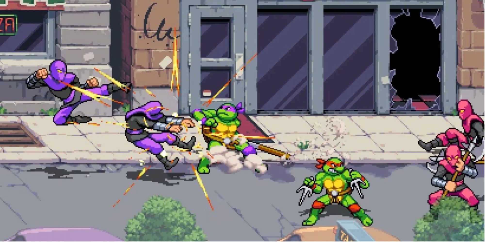 Raphael and Donatello teaming up to fight Foot Ninjas in Teenage Mutant Ninja Turtles: Shredder's Revenge