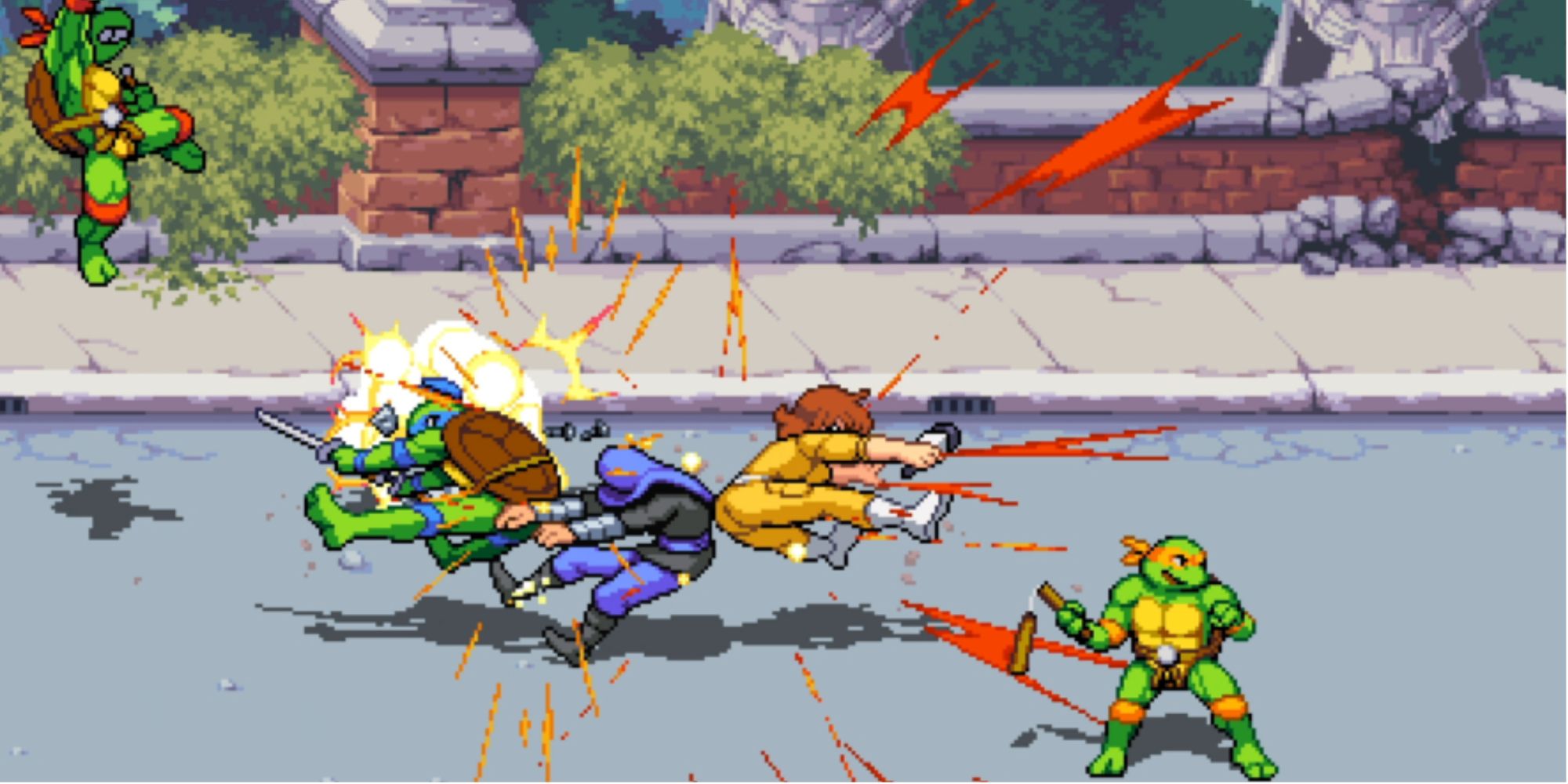Leonardo and April performing the Sandwich Attack on a Foot Ninja in Teenage Mutant Ninja Turtles: Shredder's Revenge
